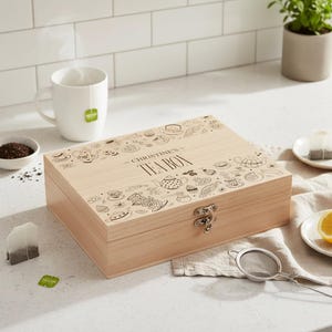 Personalised Tea Box Engraved With Tea Bag Holder With Pot and cups