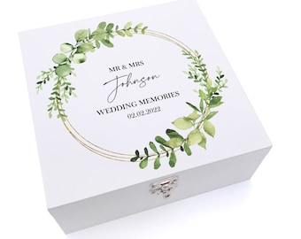 Personalised Wedding Keepsake Memory Wooden Box Eucalyptus & Gold Wreath