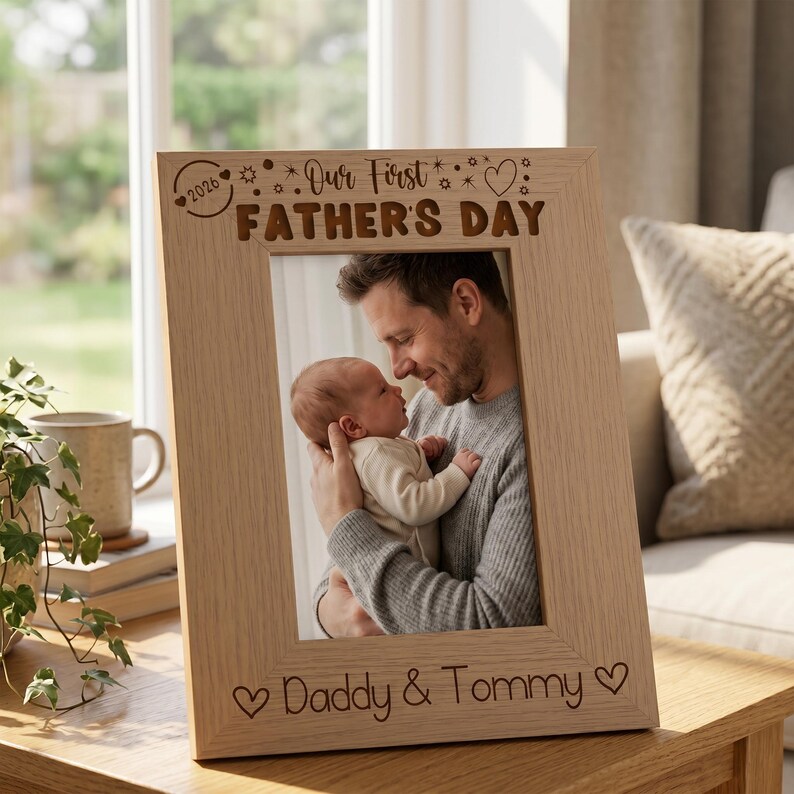 A wooden picture frame with a photo of a man holding a baby, and the text "Our First Father's Day" engraved on it.
