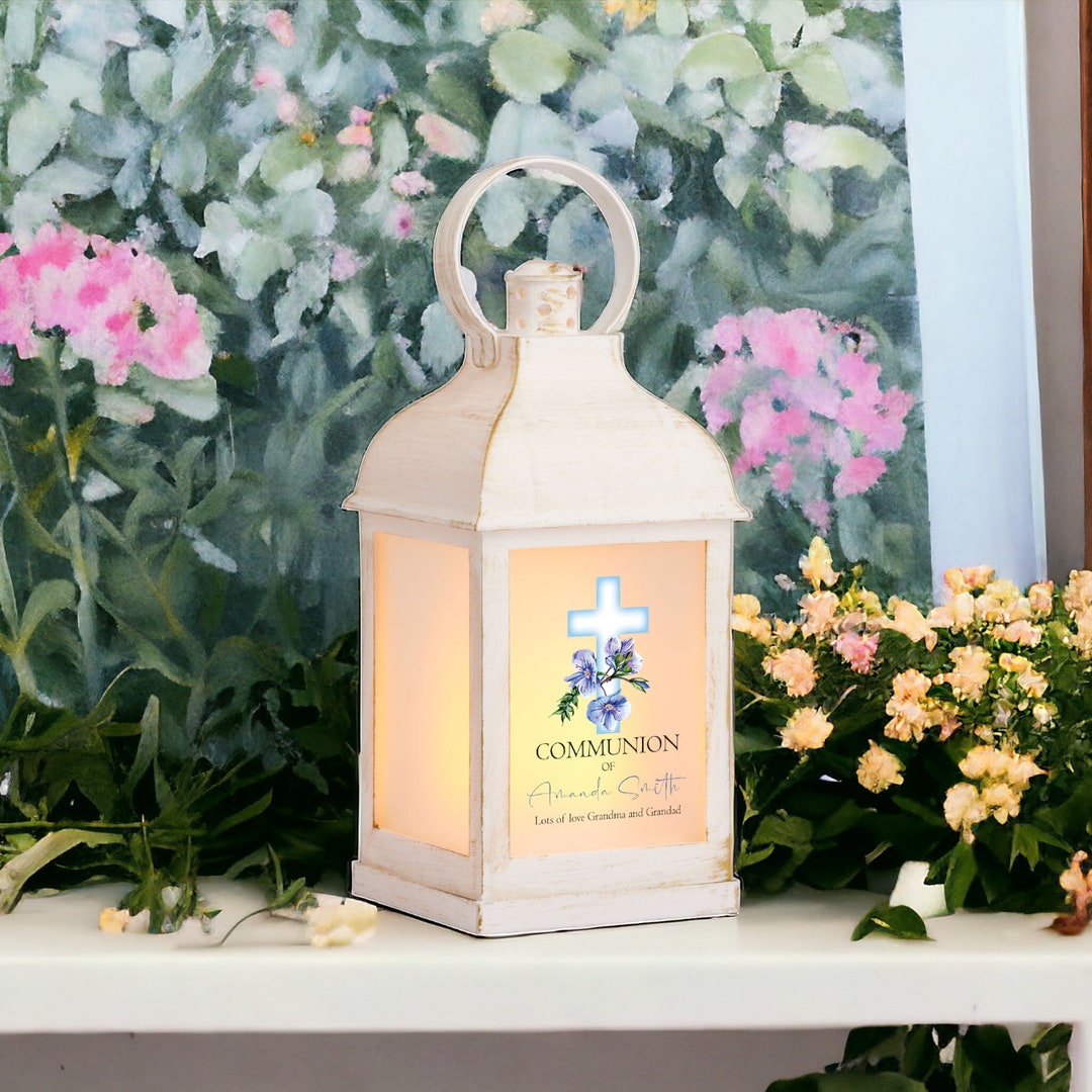 Personalised Communion Lantern Light Candle With Blue Cross - Etsy