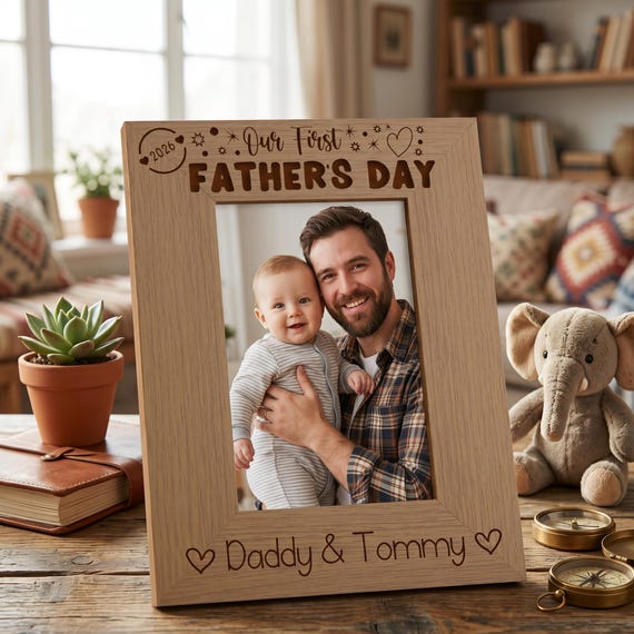 Personalised Our first Fathers Day Photo Frame Oak wood finish Portrait