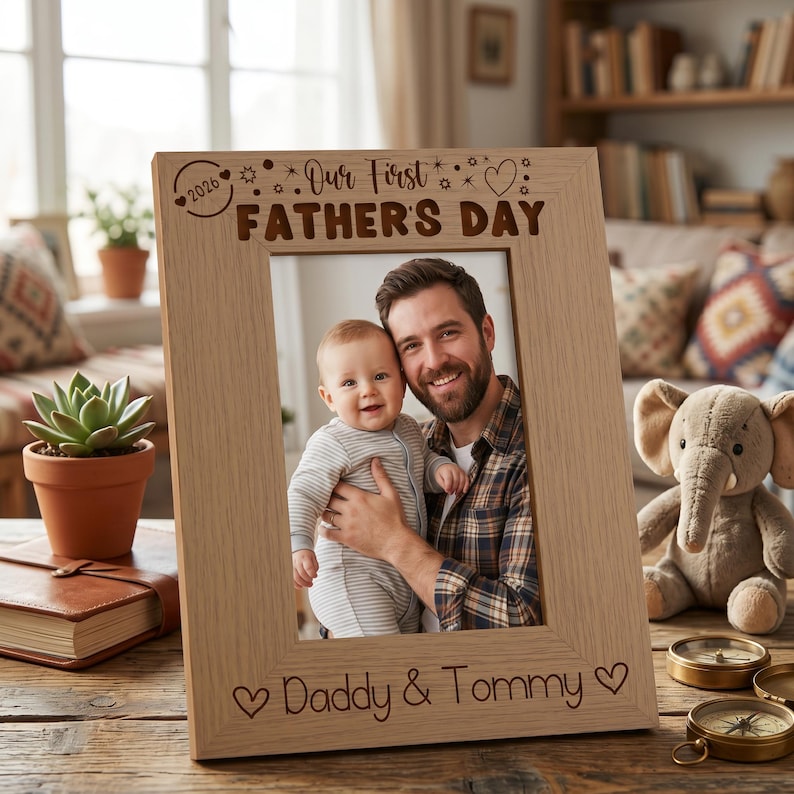 A wooden picture frame with a photo of a smiling man holding a baby, surrounded by various objects such as a potted plant, a stuffed elephant, and a book.