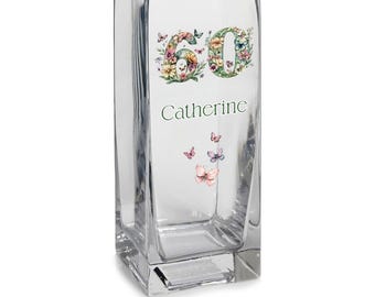 Personalised 60th Birthday Flower Vase Gift Present With Floral Numbers
