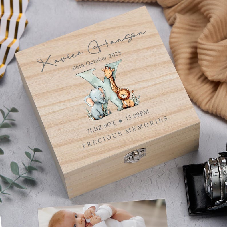 Personalised Wooden Baby Memory Keepsake Box With Animal Alphabet Medium