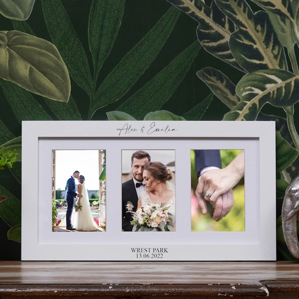 Personalised White Wooden Wedding Triple Photo 6 x 4 Frame Gift