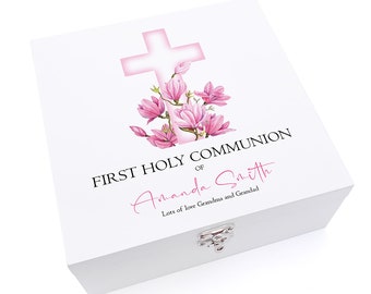 Personalised First Holy Communion Wooden Keepsake Memory Box Pink Cross