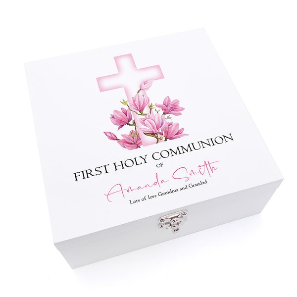 Personalised First Holy Communion Wooden Keepsake Memory Box Pink Cross