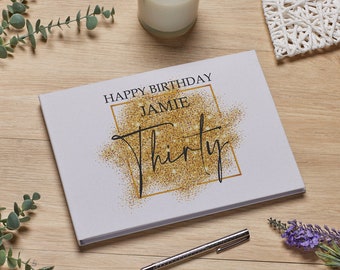 Personalised A4 Linen 30th Birthday Guest Book Printed With Gold Sparkles Design