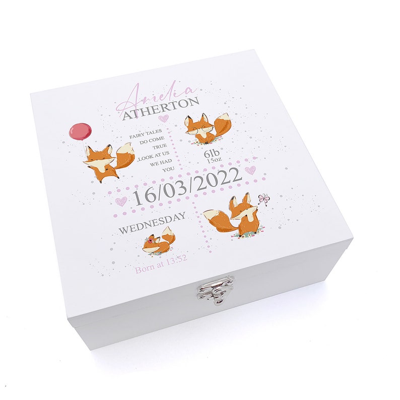 Personalised Baby Girl Keepsake Wooden Box Gift Foxes and Birth Detail ...