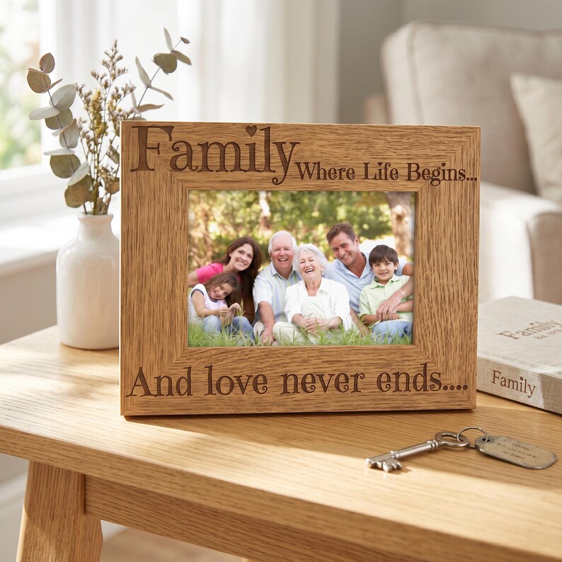 A wooden picture frame with a family photo inside, placed on a wooden table next to a key and a book.