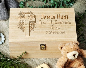 Personalised Communion Memory Keepsake Box With Floral Cross