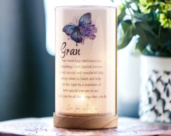 Personalised Gran Gift Beautiful Night Lamp With Wood Base and Sentiment