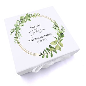 Personalised Wedding Keepsake Box Gift With Eucalyptus and Gold Wreath