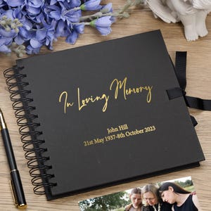Personalised Loving Memory Funeral Remembrance Guest Book, Scrapbook Gift Gold Script