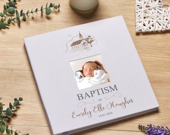 Personalised Baptism Photo Album Linen Cover With Sketch Church