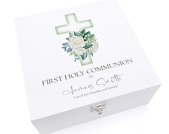 Personalised First Holy Communion Wooden Keepsake Memory Box Green Cross