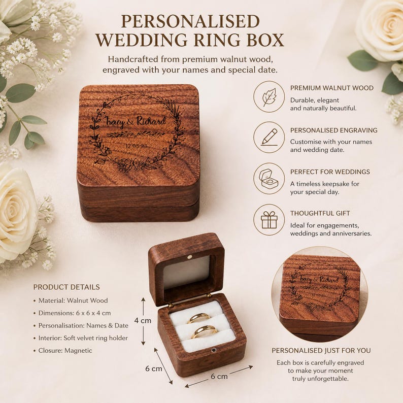The image is a product advertisement for a personalized wedding ring box. It features a wooden ring box with engraved details, including the names and date of the couple, as well as a description of the product's dimensions and features.
