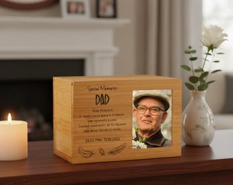 Personalised Small Wooden Dad Memorial Cremation Urn with Photo Space