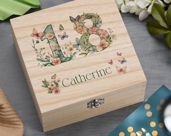 Personalised 18th Birthday Gift For Her Keepsake Memory Box With Butterflies and Flowers