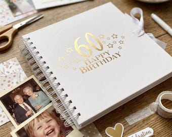 60th Birthday White Scrapbook, Guest Book Or Photo album With Gold Script