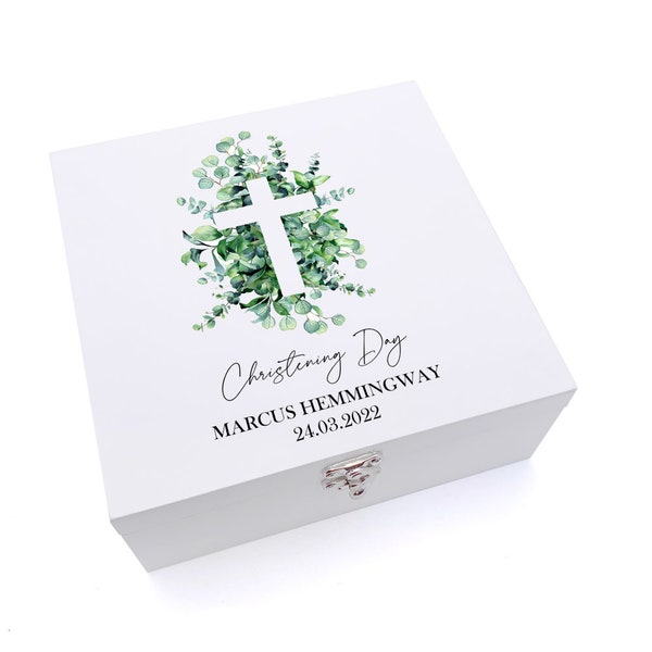 Personalised Christening Keepsake Wooden Box With Cross and Eucalyptus