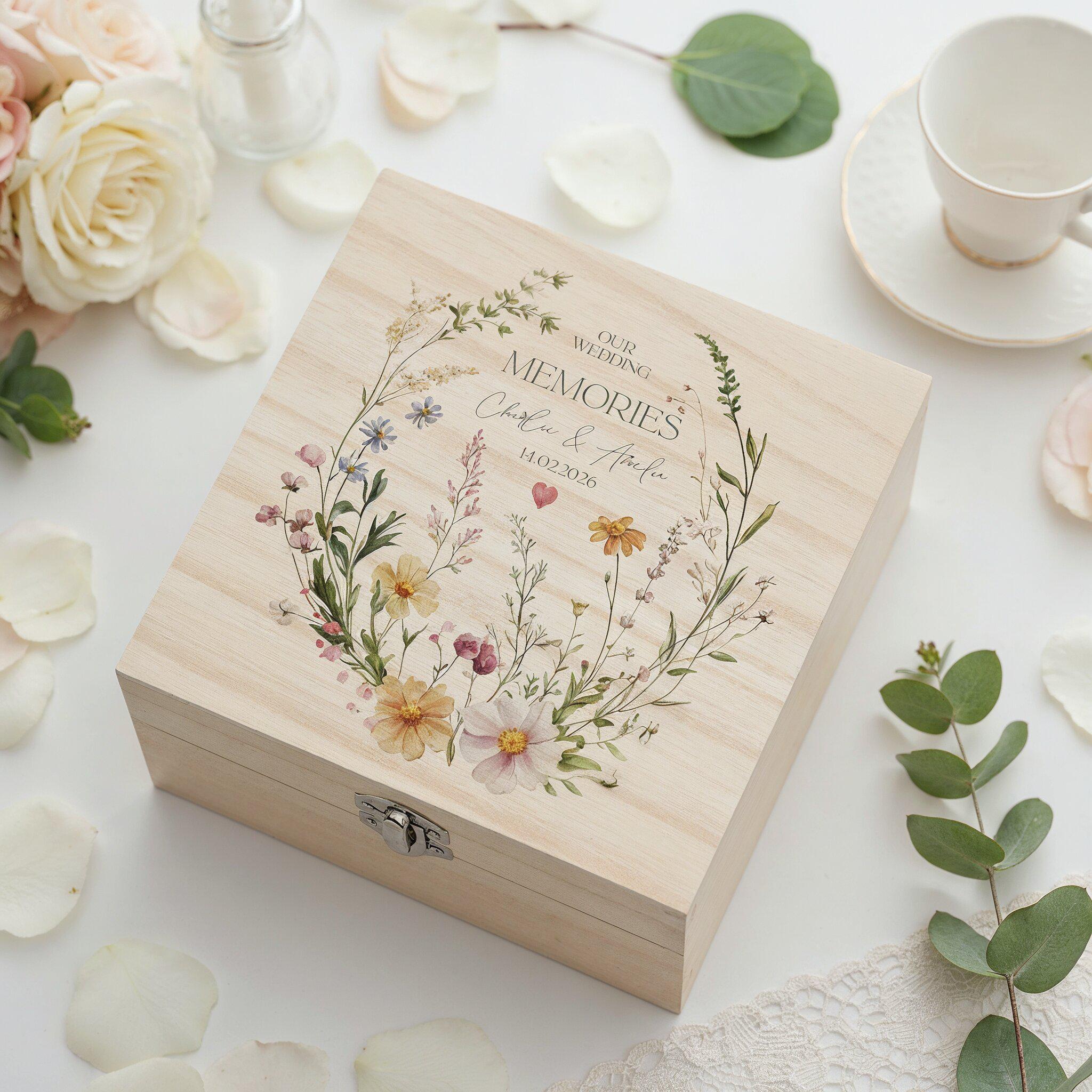 Personalised Wooden Box Wedding Keepsake Memory Gift Gentle Floral ...