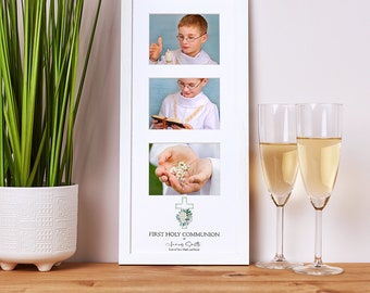 Personalised First Holy Communion Triple Photo Frame With Green Cross