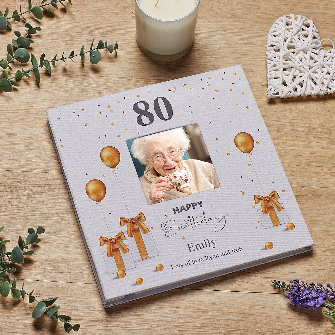 Personalised 80th Birthday Photo Album Linen Cover With Gold Balloons