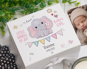 Personalised Baby Girl Keepsake Memory Box Elephant Design