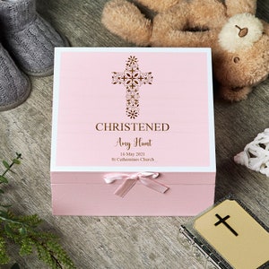 Personalised Christening Pink Keepsake Box With Floral Cross Design
