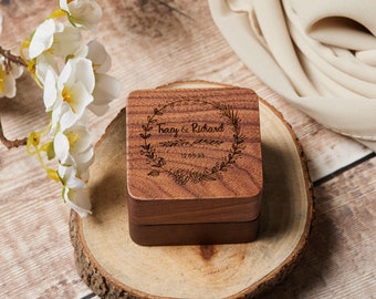 Square Double Ring Box - Engraved Wood Ring Bearer Box for Wedding Ceremony, Proposal or Engagement Ring Box Gift, Storage for 2 Rings