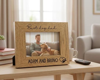Personalised Best Dog Dad Photo Frame Gift Engraved Oak Wood Finish