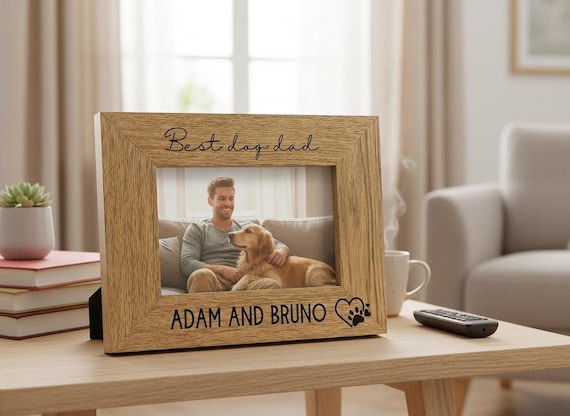Personalised Best Dog Dad Photo Frame Gift Engraved Oak Wood Finish