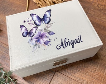 Personalised Large Jewellery Box Gift Purple Butterfly Design