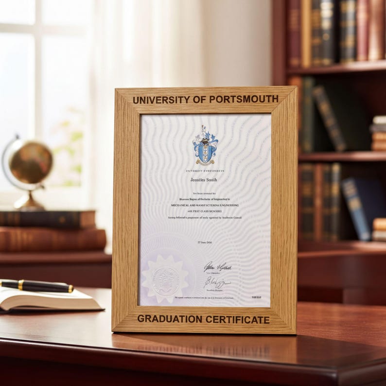 A wooden frame with a graduation certificate from the University of Portsmouth, placed on a wooden desk in front of a bookshelf.