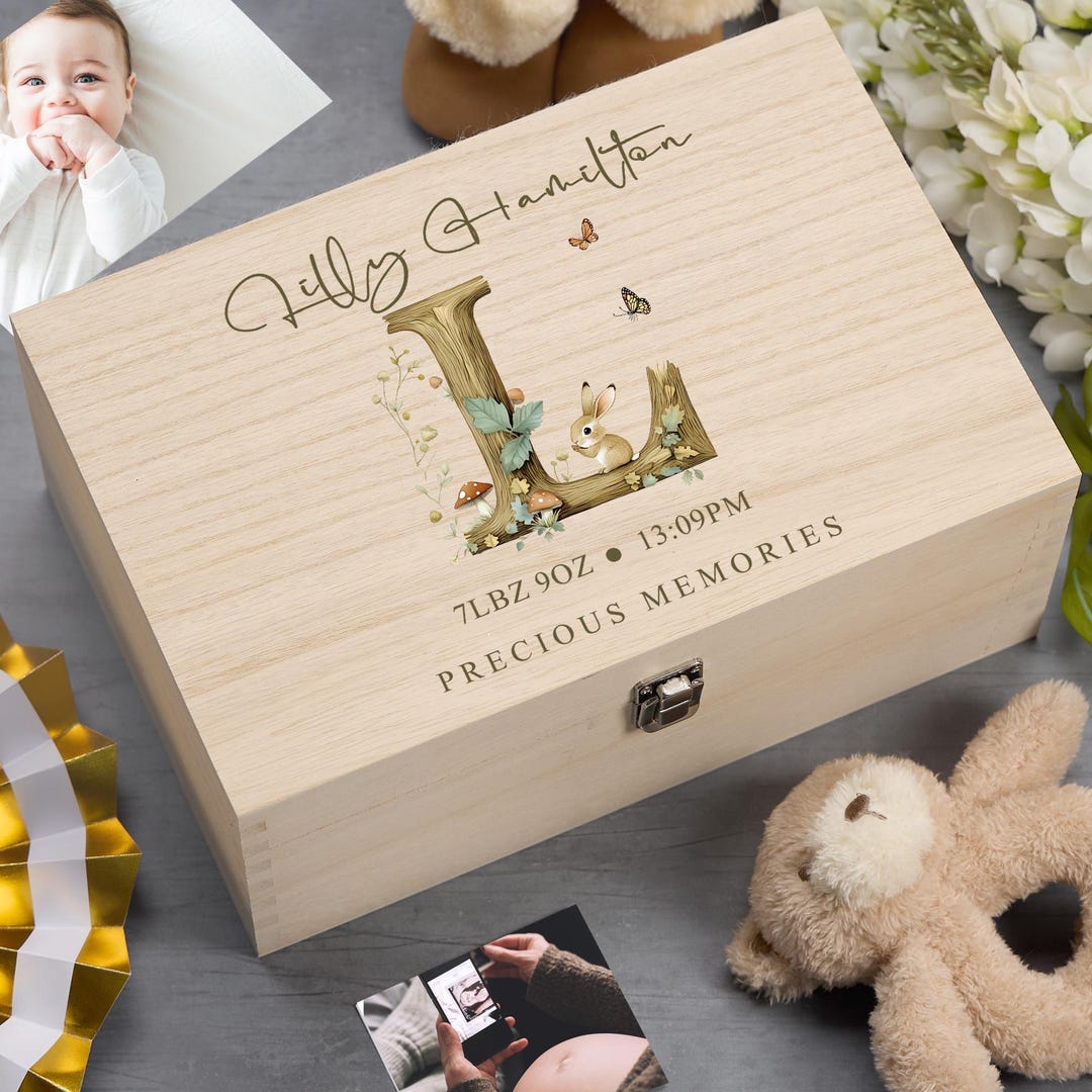 Personalised Wooden Baby Memory Keepsake Box With Woodland Alphabet ...