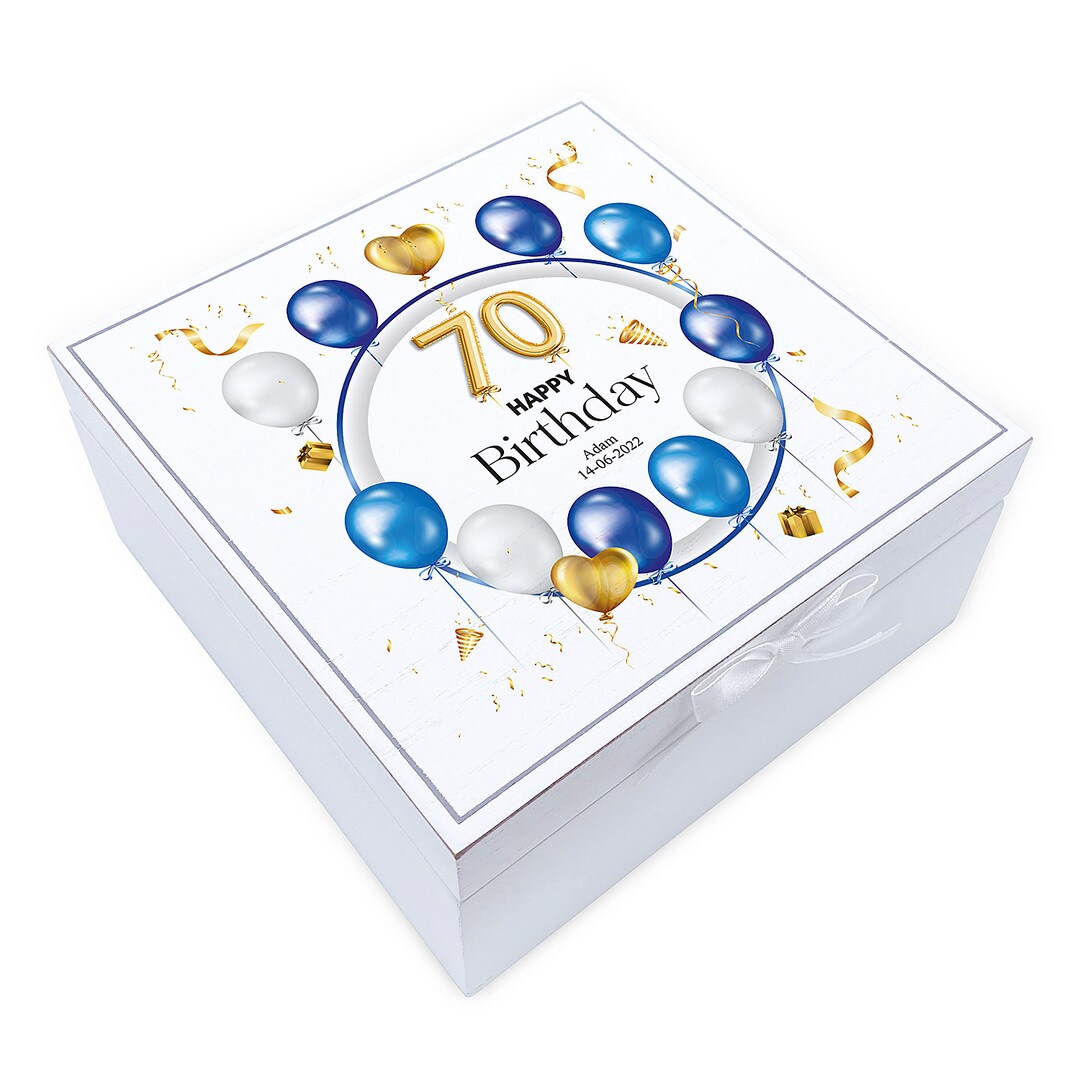 Personalised 70th Birthday Vintage Wooden Box Gift With Blue Balloons ...