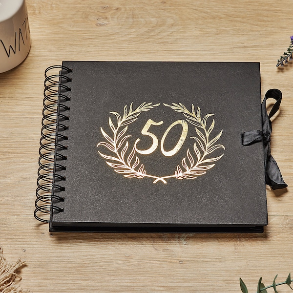 50th Birthday Black Scrapbook Photo album With Gold Script Laurel Wreath