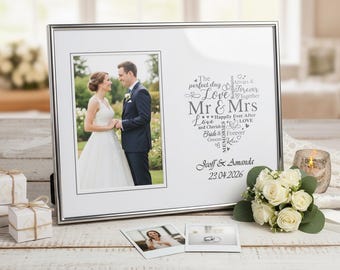 Personalised Mr and Mrs Wedding Silver Heart Photo Frame Gift Boxed