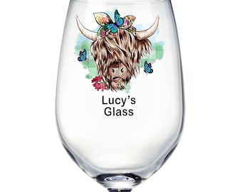Personalised Highland Cow Butterfly Wine Glass Gift For Her
