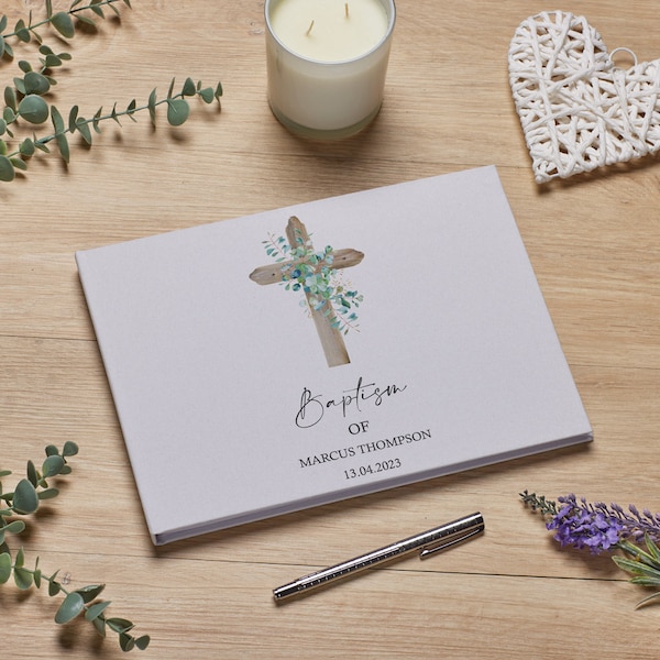 Personalised Large A4 Baptism Guest Book Wood Cross Linen Cover