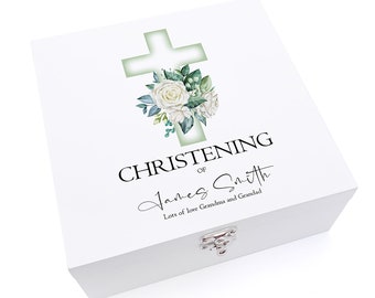 Personalised Christening Day Wooden Keepsake Memory Box With Green Cross