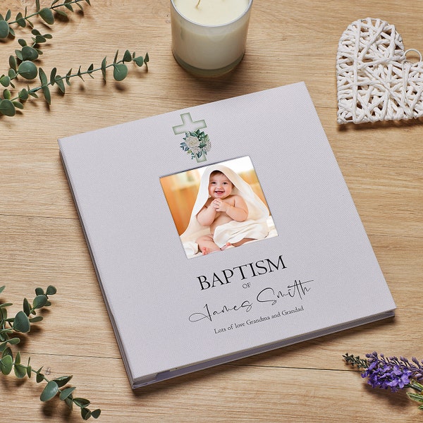 Personalised Baptism Photo Album Linen Cover With Green cross