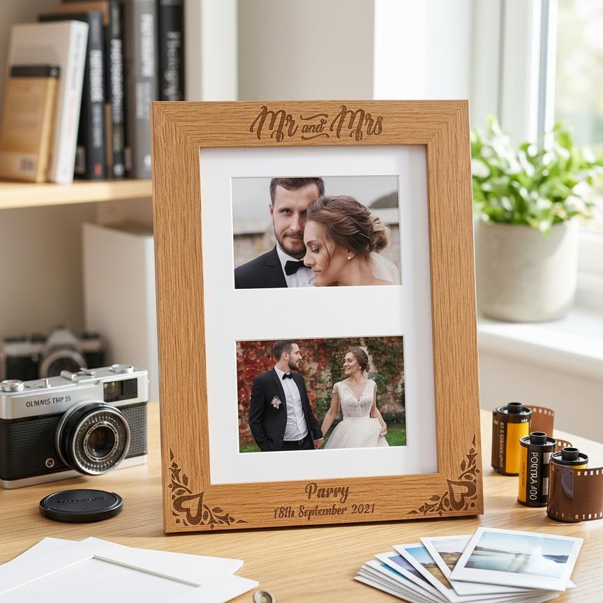 Personalised Mr and Mrs Wedding Double Photo Landscape Wooden