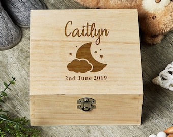 Personalised Baby Wooden Keepsake Box Moon and Stars Sentiment