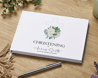 Personalised Christening Lined Guestbook 80 Pages With Green Cross