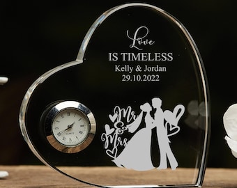 Engraved Heart Crystal Glass Clock Wedding Gift Or Wedding Present  Gift