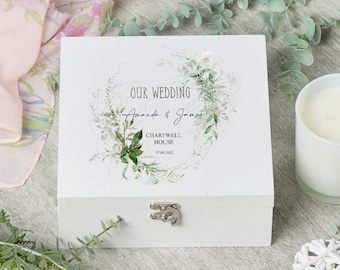 Personalised Wedding Keepsake Wooden Box Gift With Botanical Design