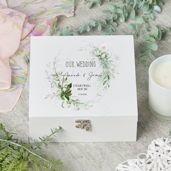 Personalised Wedding Keepsake Wooden Box Gift With Botanical Design