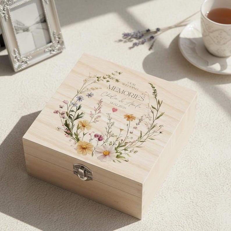 Personalised Wooden Box Wedding Keepsake Memory Gift Gentle Floral ...